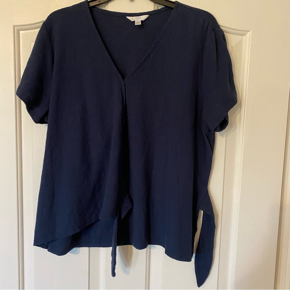 Time And Tru Womens Size XL Short Sleeve Blue Blouse Boho Ruched Tie Sides